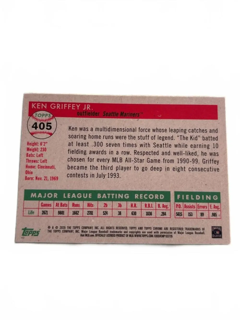 Ken Griffey Jr. 1992 Topps Chrome Baseball Card #405 Seattle